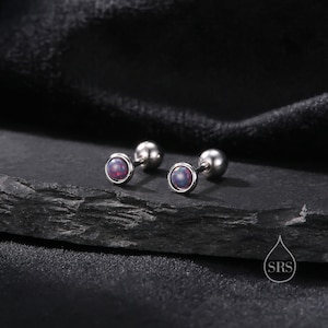 Tiny 3mm Black Opal Screw Back Earrings in Sterling Silver, Small Opal Stud, Comsic Purple Opal Screw Back Earrings, Fire Opal