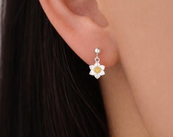 Daffodil Drop Stud Earrings in Sterling Silver, Tiny Daffodil  Flower Dangle Earrings, Small Daffodil Earrings, Birth Flower for March