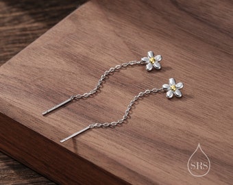 Forget Me Not Threader Earrings in Sterling Silver, Daisy Flower with Dangle Chain Earrings,  Flower Chain Earrings