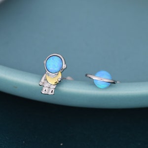 Mismatched Astronaut and Planet Stud Earrings in Sterling Silver, Asymmetric Planet and Spaceman Earrings with Blue Opal, Cute and Fun image 2