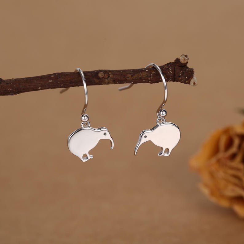 Kiwi Bird Drop Hook Earrings in Sterling Silver, Silver Gold or Rose Gold, Kiwi Bird Earrings image 1