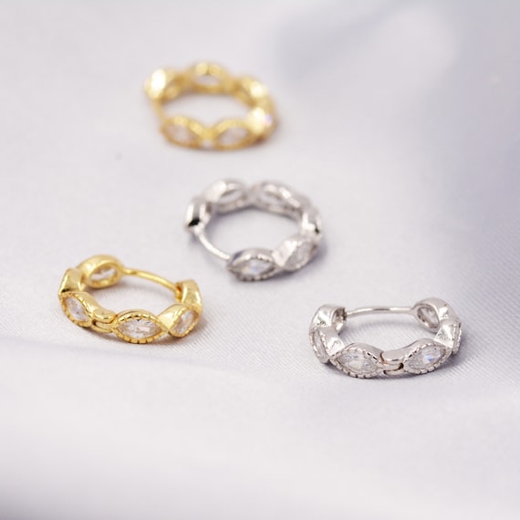 Dotted Marquise CZ Huggie Hoop Earrings in Sterling Silver - Etsy
