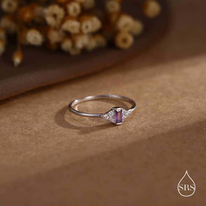 Puede incluir: Un anillo de plata con una piedra preciosa p&uacute;rpura y peque&ntilde;as piedras preciosas transparentes engastadas en forma de tri&aacute;ngulo.