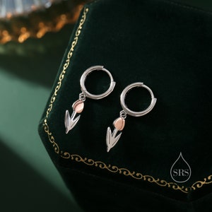 Tulip Flower Huggie Hoop Earrings in Sterling Silver, Two Tone Finish, Flower Earrings, Tulip Earrings
