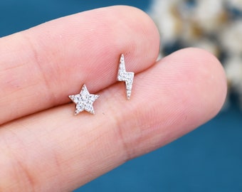 Mismatched Tiny Star and Lightning Bolt Stud Earrings in Sterling Silver, Asymmetric CZ Star and Lightning Bolt Fun Earrings