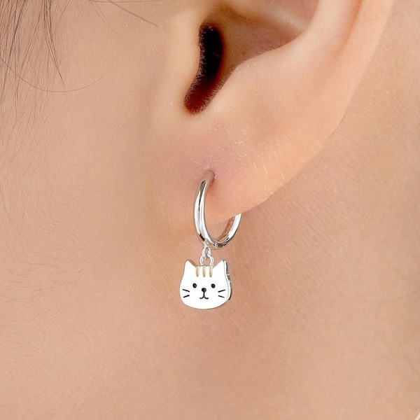 Super Cute Cat Huggie Earrings in Sterling Silver -  Cute Cat Huggie Hoops, Cat Lover Gift, Cat Mum Gift, Cat Hoop Earrings