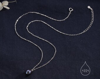 Natural Black Pearl Necklace in Sterling Silver, Genuine