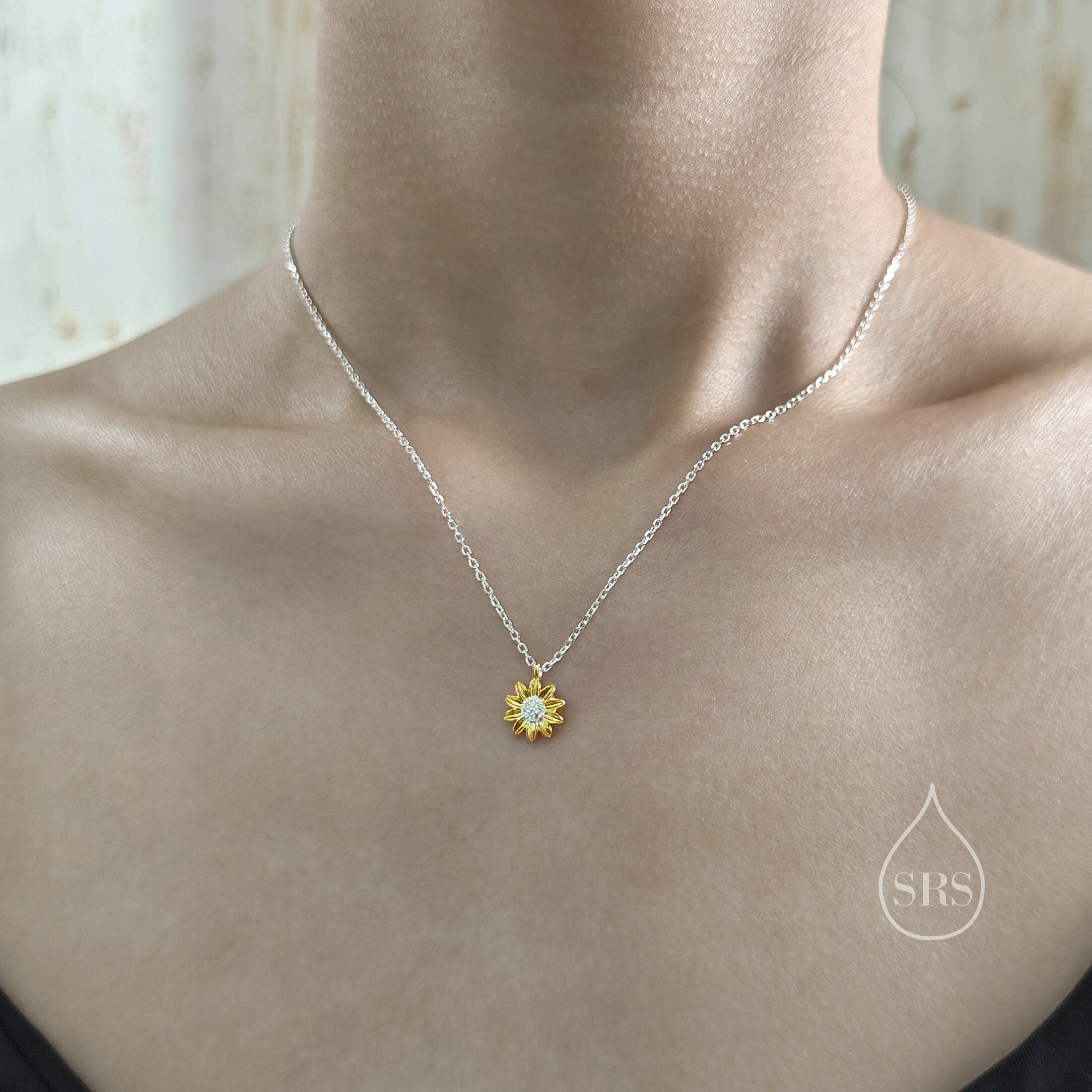 Sterling Silver Tiny Little Sunflower Pendant Necklace Delicate