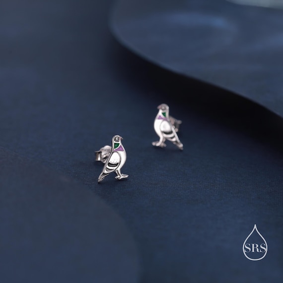 Tiny Sterling Silver Pigeon Bird Stud Earrings,  Enamel Coated Pigeon  Bird Earrings, Nature Inspired Animal Earrings