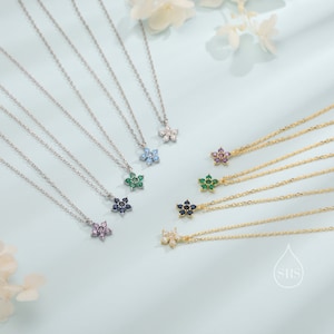 Tiny Forget Me Not Flower CZ Necklace in Sterling Silver, Silver or Gold, Various Colours, Tiny CZ Flower Pendant zdjęcie 2