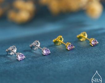 Amethyst Purple CZ Crystal Stud Earrings in Sterling Silver, 3mm Three Prong, Gold or Silver, Tiny Stud