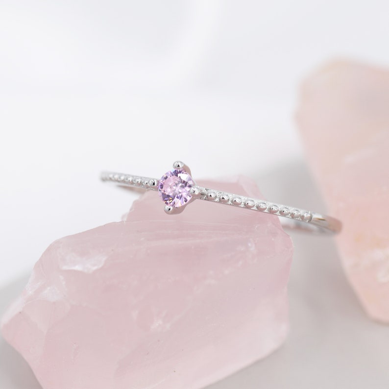 Tourmaline Pink CZ Ring in Sterling Silver, Silver or Gold, Delicate Stacking Ring, Pink CZ Skinny Band, Size US 6 8, October Birthstone image 4