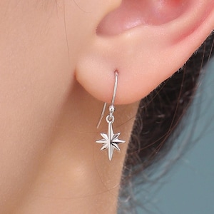 Minimalist Starburst Dangle Drop Hook Earrings in Sterling Silver, Silver or Gold or Rose Gold, Tiny North Star Dangle Earrings, Star