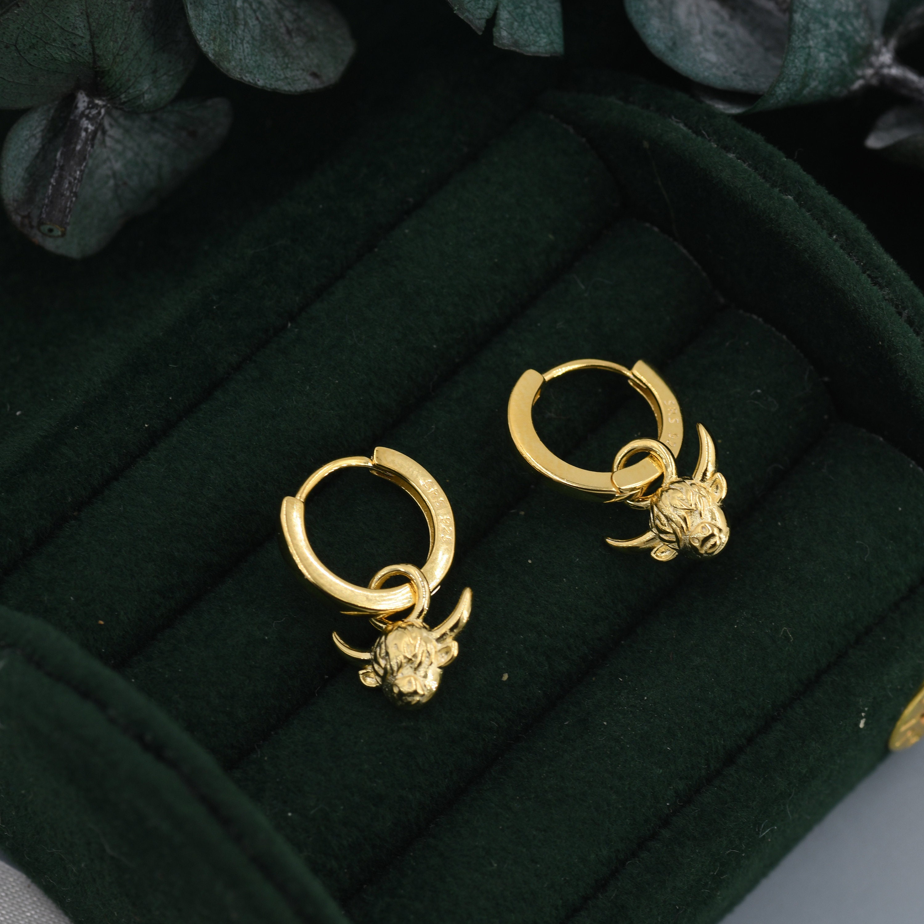 Dangling Highland Cow Huggie Hoops in Sterling Silver, Silver or Gold or Rose Gold, Highland Cow Earrings, Detachable and Interchangeable