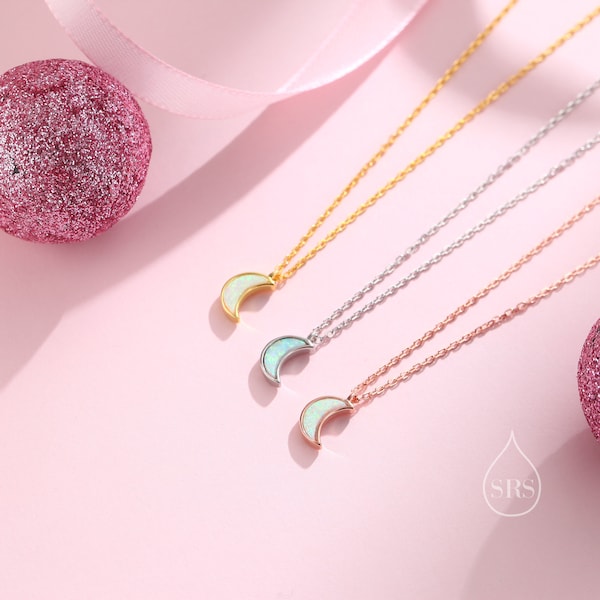 Extra Tiny Opal Moon Necklace in Sterling Silver, Silver or Gold or Rose Gold, Blue Opal or White Opal Necklace