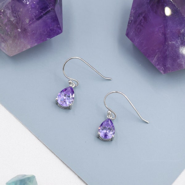 Boucles d'oreilles pendantes améthyste violette taille poire CZ en argent sterling, argent ou or, boucles d'oreilles pendantes gouttes violet lilas