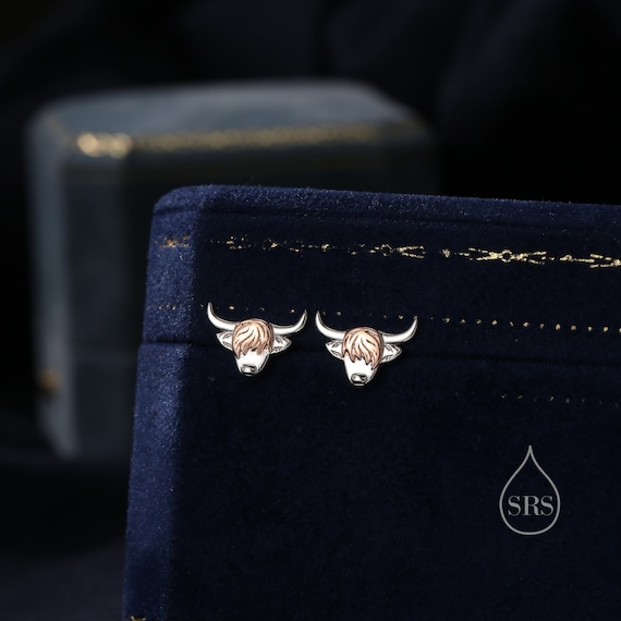 Two Tone Highland Cow Stud Earrings in Sterling Silver,  Bull Earrings, Cow Earrings