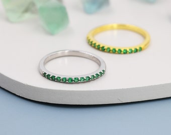 Emerald Green Half Eternity Ring in Sterling Silver, Silver or Gold, Green Emerald CZ Skinny Ring, Minimalist Stacking Ring US 5 - 8