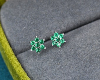 Pair of Very Tiny Emerald Green CZ Flower Stud Earrings in Sterling Silver, Silver or Gold, Crystal Flower Earrings, Stacking Earrings