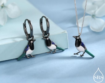 Niedliche Elster Anhänger Creolen und Anhänger in Sterling Silber, mit Rhodium beschichtet, Niedliche Elster Halskette und Ohrringe, Natur Inspiriert