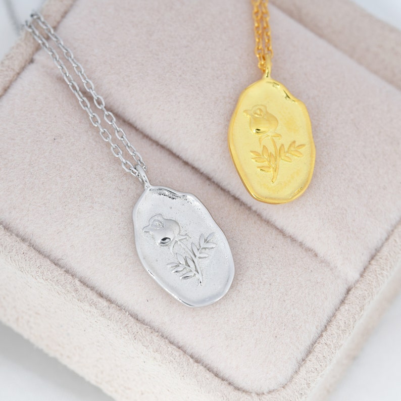 Rose Flower Oval Pendant Necklace in Sterling Silver, Silver or Gold, June Birth Flower, Nature Inspired Flower Disk Necklace image 4