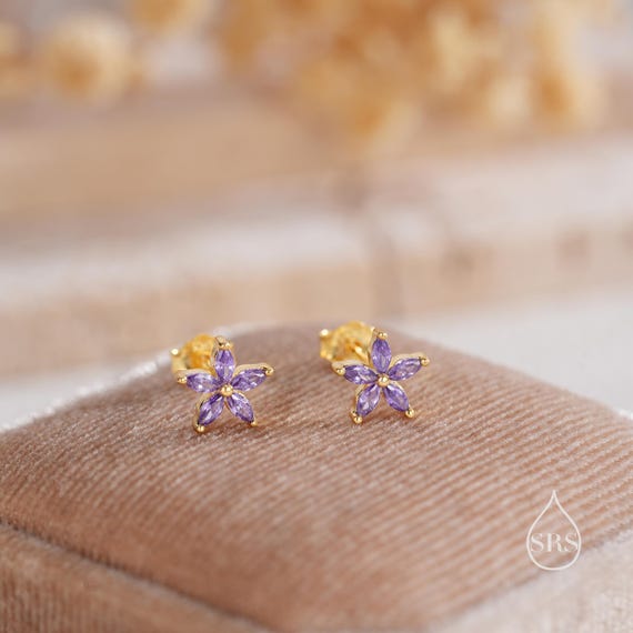 Amethyst Purple CZ Flower Stud Earrings in Sterling Silver, Silver or Gold,  Marquise Crystal Earrings