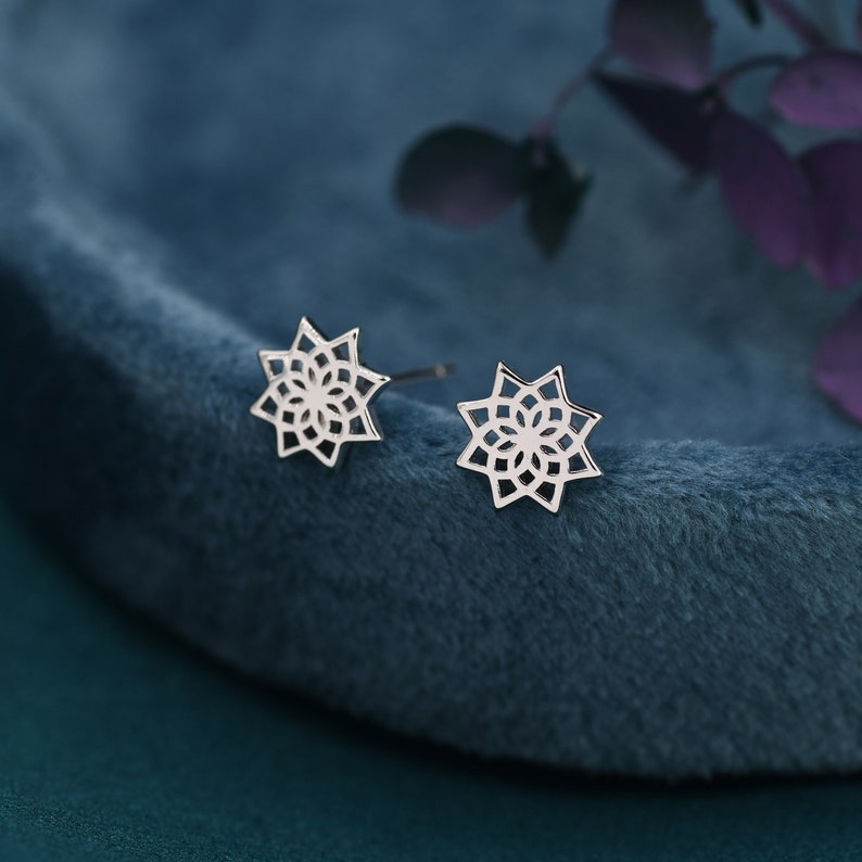 Mandala Flower Stud Earrings in Sterling Silver, Silver or Gold, Mandala Earrings, Geometric image 1