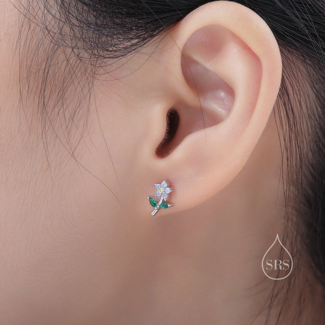 Opal Blue CZ Flower Stud Earrings in Sterling Silver, Silver