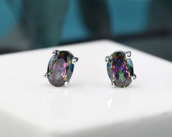 Mystic Topaz Crystal Stud Earrings in Sterling Silver, Oval Cut Peacock Crystals,Stunning Green, Blue and Purple Colour