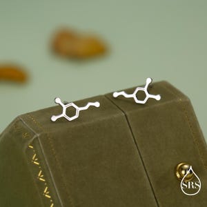 Op de afbeelding: Zilverkleurige oorknopjes in de vorm van een dopamine molecuul. De oorbellen liggen op een donkergroen fluwelen oppervlak, met een vage groene en gele achtergrond. Een uniek en stijlvol accessoire.