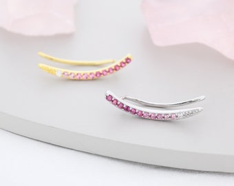 Boucles d’oreilles Ombre Ruby Pink CZ Crawler en argent sterling, argent ou or, Ear Crawlers de couleur dégradée, Climbers d’oreille de pierre de naissance de juillet