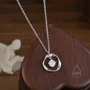 Genuine Moissanite and Mobius Circle Pendant Necklace in Sterling Silver, Delicate Moissanite Halo
