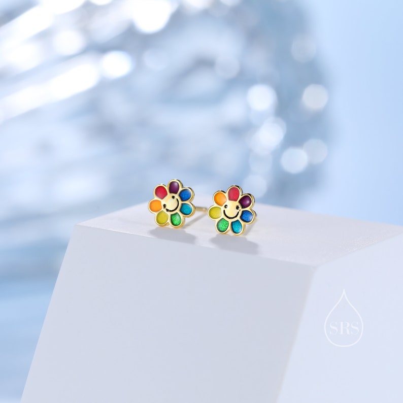 Enamel Smiling Flower Stud Earrings in Sterling Silver, Silver Rainbow Flower Earrings, Multi Colour Flower Stud in Sterling Silver zdjęcie 4