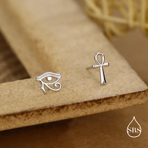 Pendientes de botón desiguales con Ankh y Ojo de Horus en plata de ley, acabado en plata o oro, pendientes con jeroglíficos egipcios, pendientes con Ankh