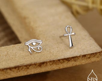 Omaka Ankh och Horus öga örhängen i sterlingsilver, silver eller guldfinish, egyptiska hieroglyfer örhängen, Ankh örhängen