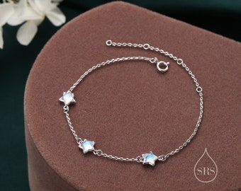 Pulsera Moonstone Star Trio en plata de ley, plata u oro, pulsera de estrella de piedra lunar simulada, pulsera Sunburst, pulsera de estrella