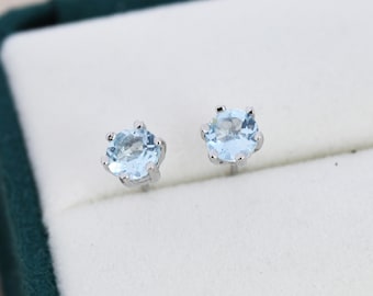 Genuine Sky Blue Blue Topaz Stud Earrings in Sterling Silver, Silver or Gold, Trillion Cut Natural  Blue Topaz Earrings, Double Pronged