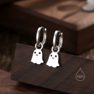 Sterling Silver Little Ghost Huggie Hoops, Detachable Cute Ghost Hoop Earrings, Ghost Charm Dangle Earrings, Ghost Earrings