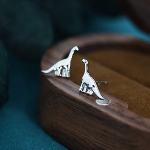 May include: A pair of silver dinosaur earrings. The earrings are small and delicate, and they feature a simple design. The earrings are displayed on a wooden surface.