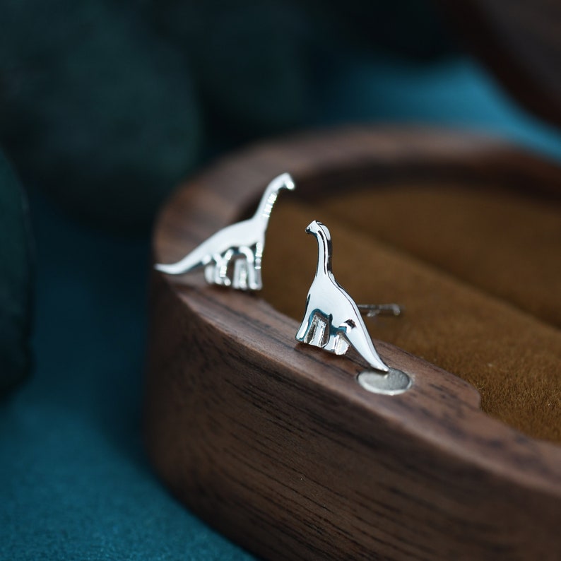 May include: A pair of silver dinosaur earrings. The earrings are small and delicate, and they feature a simple design. The earrings are displayed on a wooden surface.
