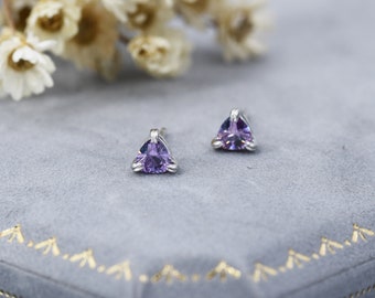 Trillion Cut Amethyst Purple CZ Stud Earrings in Sterling Silver,  Trillion Cut Purple Zirconia Earrings, Double Pronged, Tiny CZ Stud