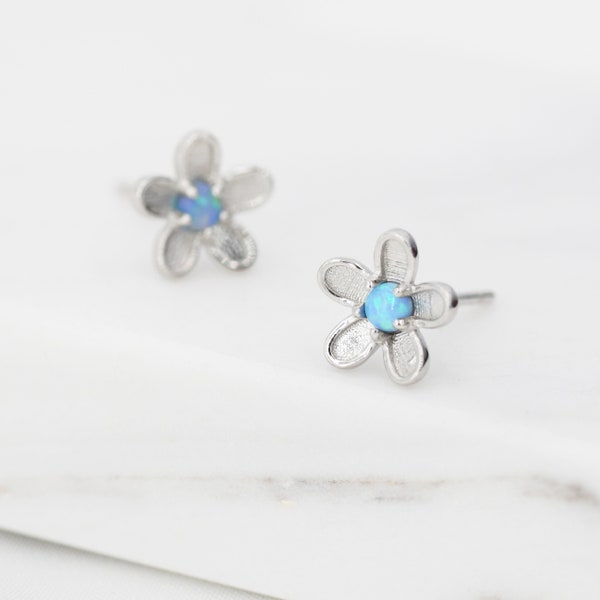 Opal Forget-me-not Flower Stud Earrings in Sterling Silver, Flower Earrings, Nature Inspired Floral Earrings