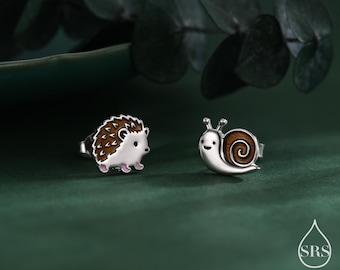 Mismatched Hedgehog and Snail Stud Earrings in Sterling Silver, Woodland Hedgehog Earrings, Nature Inspired Animal Earrings, Asymmetric
