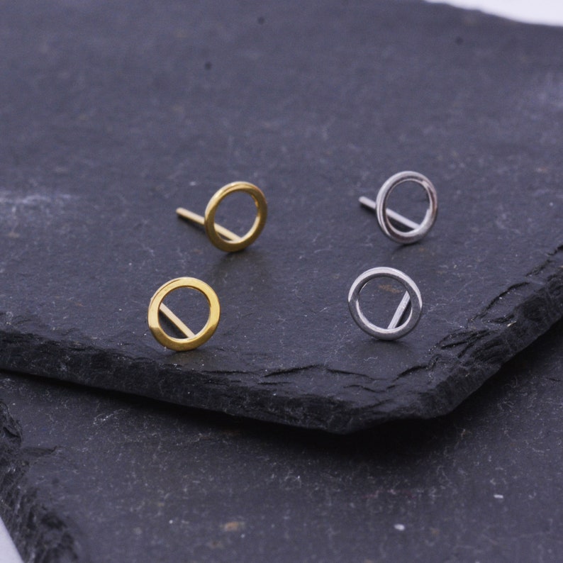 Sterling Silver Open Circle Stud Earrings, Silver and Gold, Delicate and Dainty Geometric Jewellery, Minimalist Design image 2
