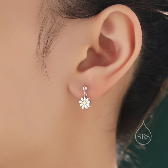 Sterling Silver Daisy Drop Stud Earrings, Delicate Dainty