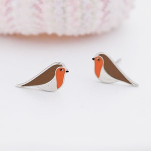 Robin Bird Stud Earrings in Sterling Silver, Sterling Silver Robin Earrings, Hand Painted Enamel Earrings, Nature Inspired Animal Earrings