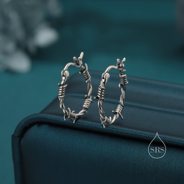 Sterling Silver Barbed Wire Hoops with Oxidised Finish, Silver, Gold or Rose Gold, Barbed Wire Earrings, Thorn Earrings,  Lever Hoops