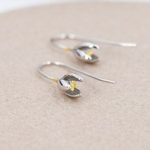 Snowdrop Flower Drop Earrings in Sterling Silver, Silver and Gold, Nature Inspired Flower Earrings, January Birth Flower, Botanical image 4