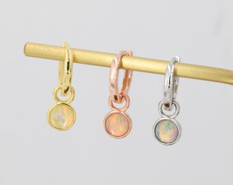 Sterling Silver Dangling Opal Hoop Earrings, Detachable Charm Dangle Hoop Earrings, Silver, Gold or Rose Gold, Interchangeable