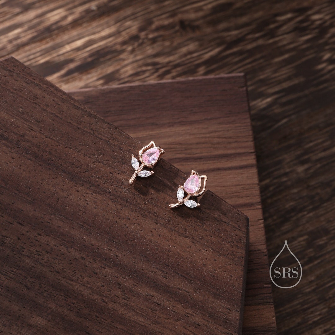 Orecchini Donna Argento 925 A Tulipano Con Zirconi, A Bottone, Ipoallergenici, Eleganti, Regalo Confezionato
